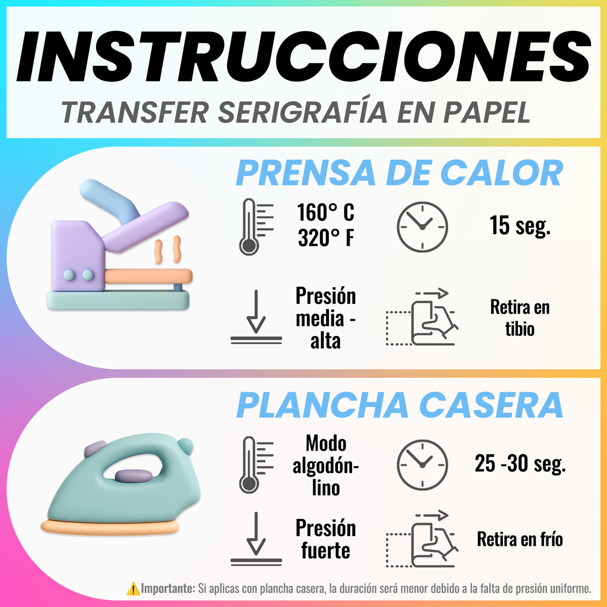 temperatura y aplicacion transfer serigrafia papel 
